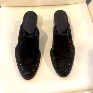 Black open back mules suede